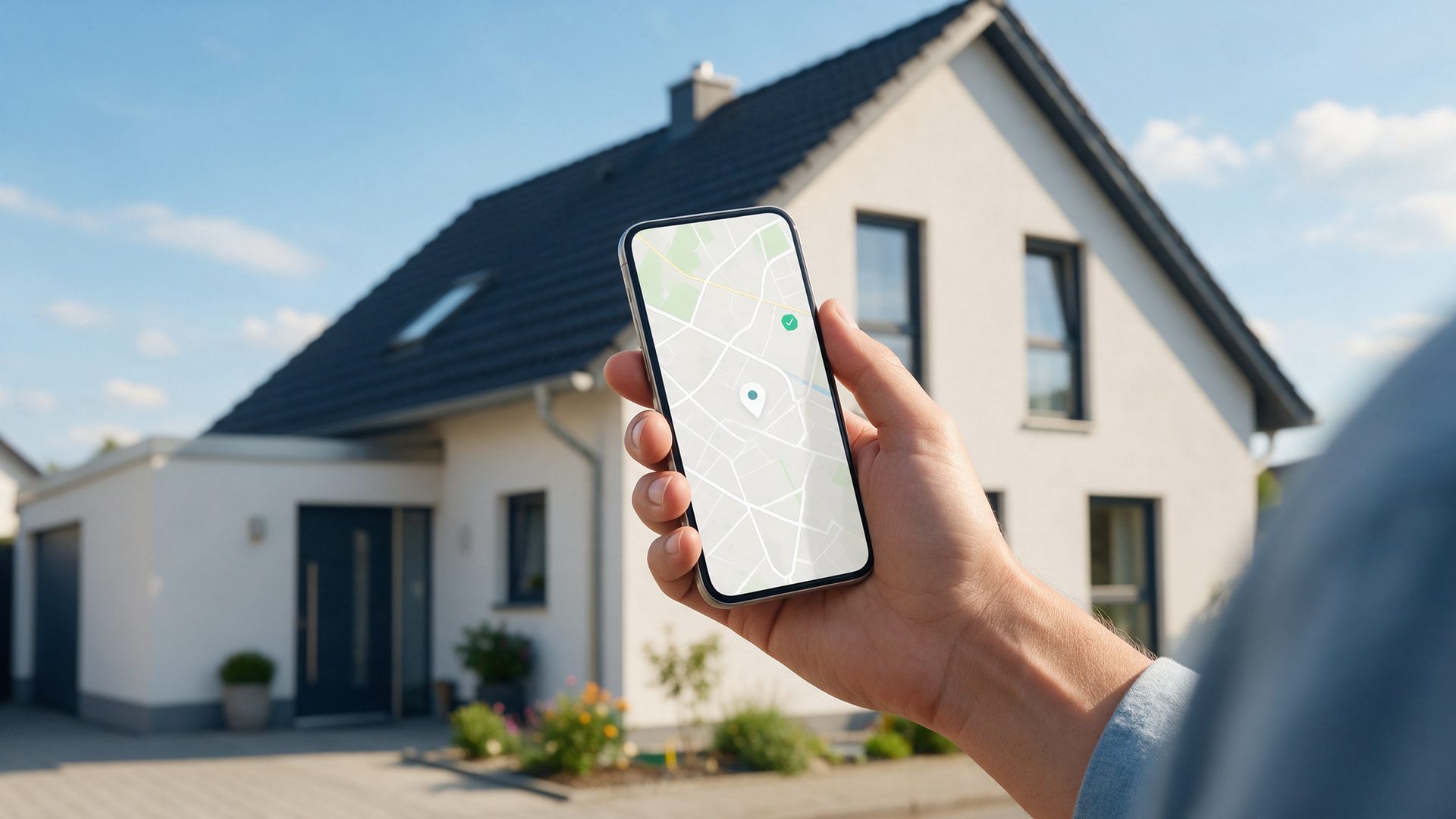 Hausbesitzer prüft sein Gebäude per Smartphone-Karte